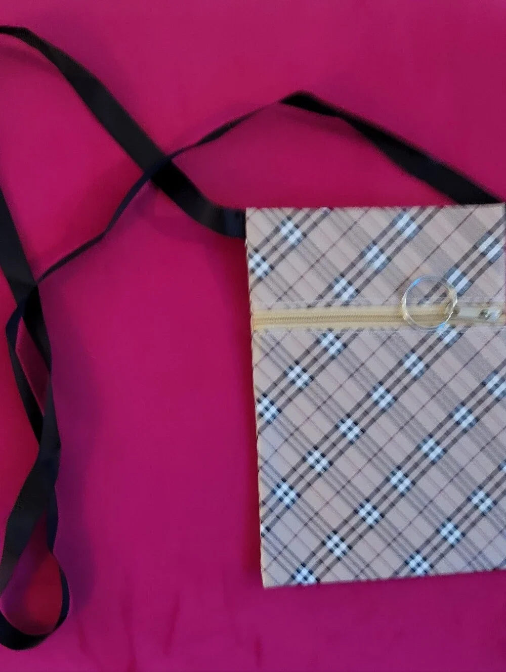 Beige Plaid Crossbody Phone Pouch with Gold Zip Accent